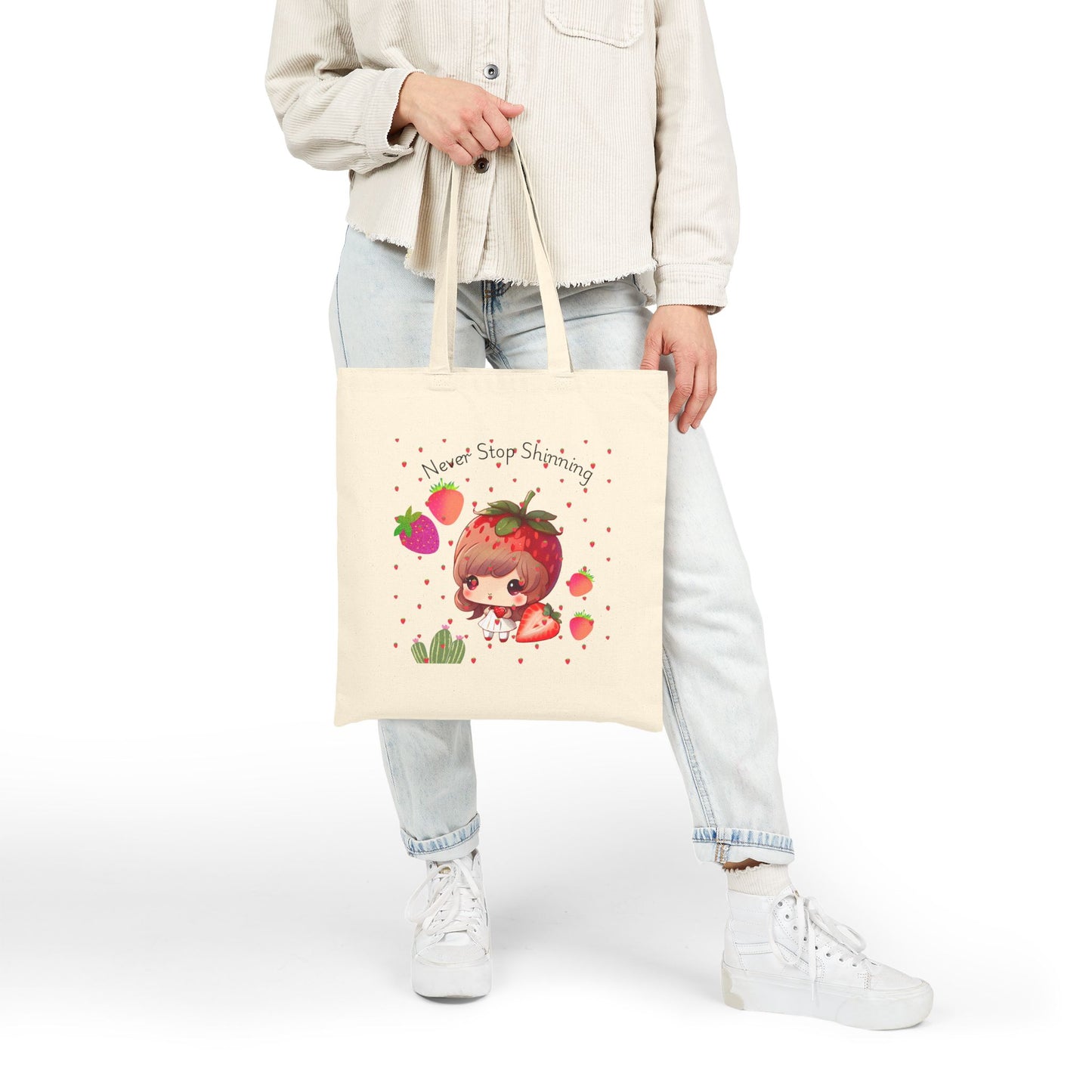 Whimsical Strawberry Tote Bag - 'Never Stop Shining'