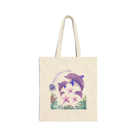 Whimsical Dolphin Tote Bag - "Being a Mom is a Gift" - Eco-Friendly Canvas Bag for Beach, Grocery, and Everyday Use