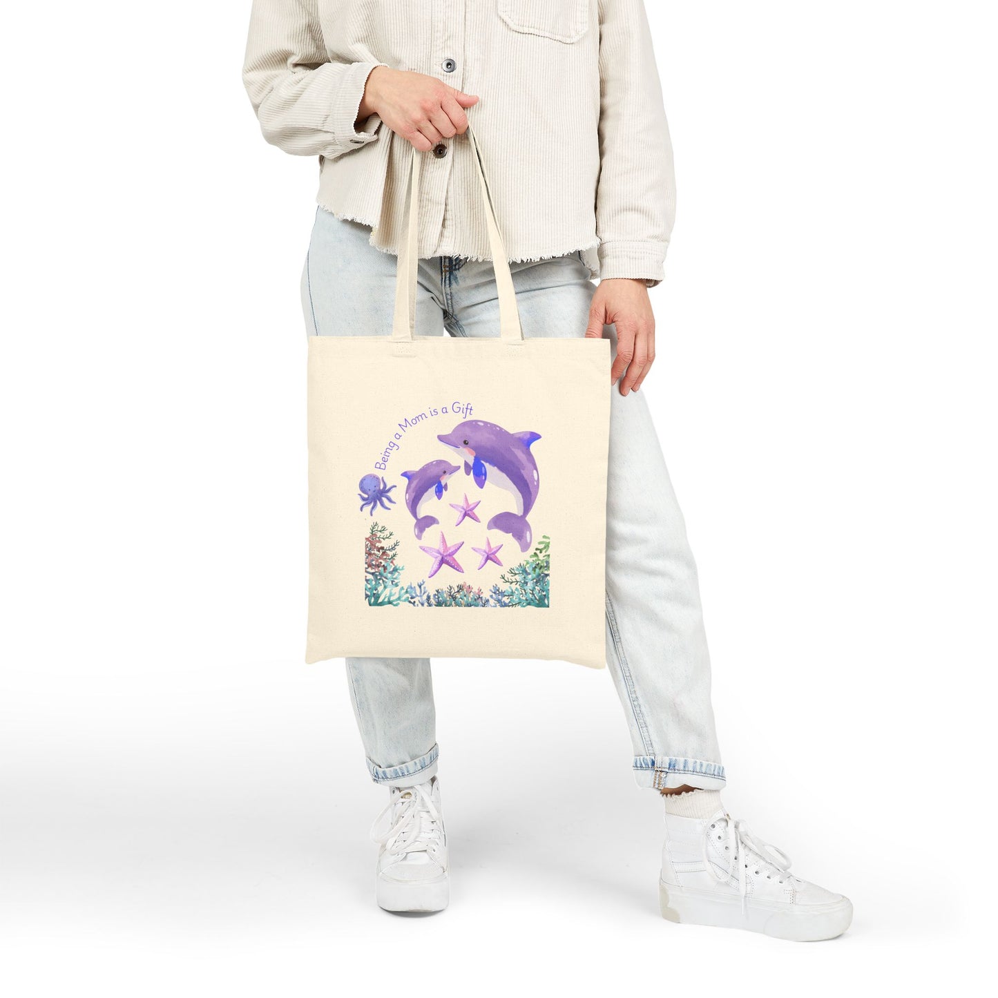 Whimsical Dolphin Tote Bag - "Being a Mom is a Gift" - Eco-Friendly Canvas Bag for Beach, Grocery, and Everyday Use