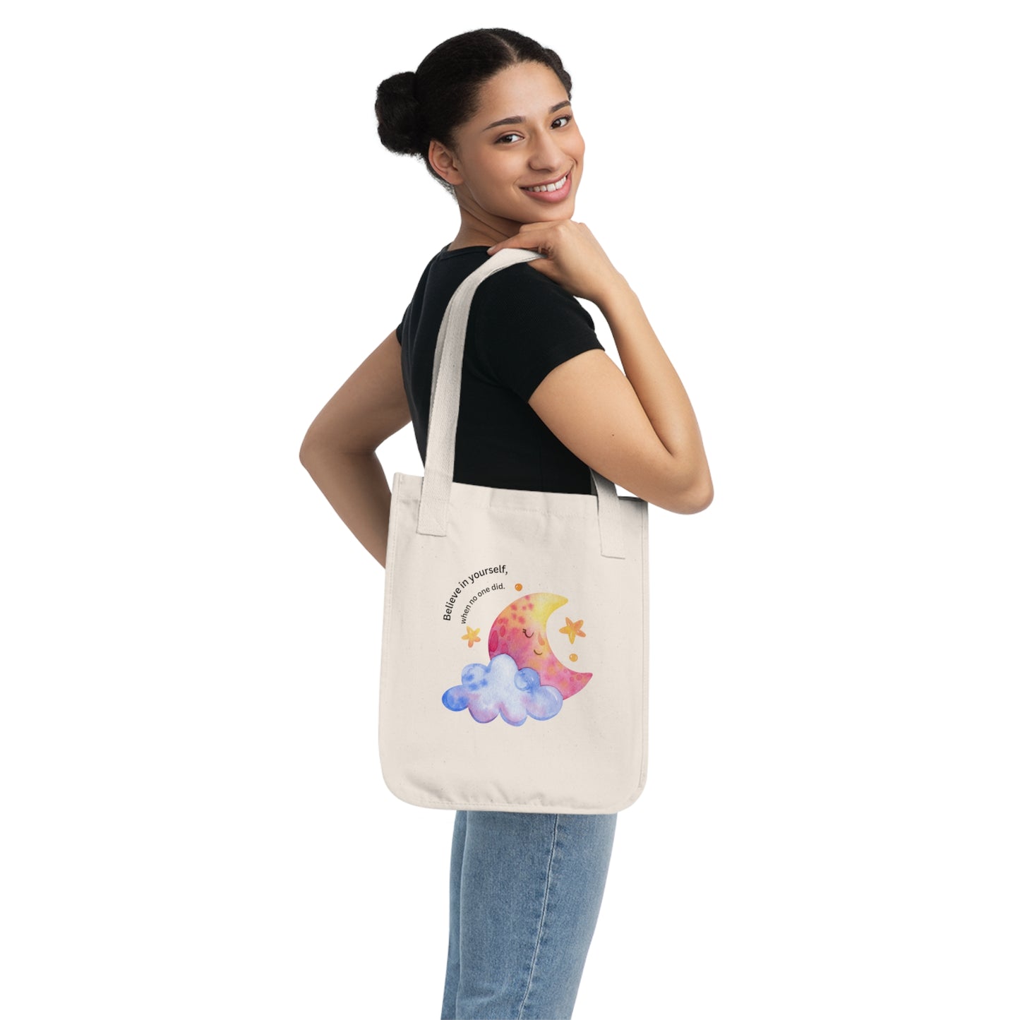 Dreamy Organic Canvas Tote Bag, Inspirational Gift, Reusable Shopping Bag, Moon and Stars Design, Eco-Friendly Carryall