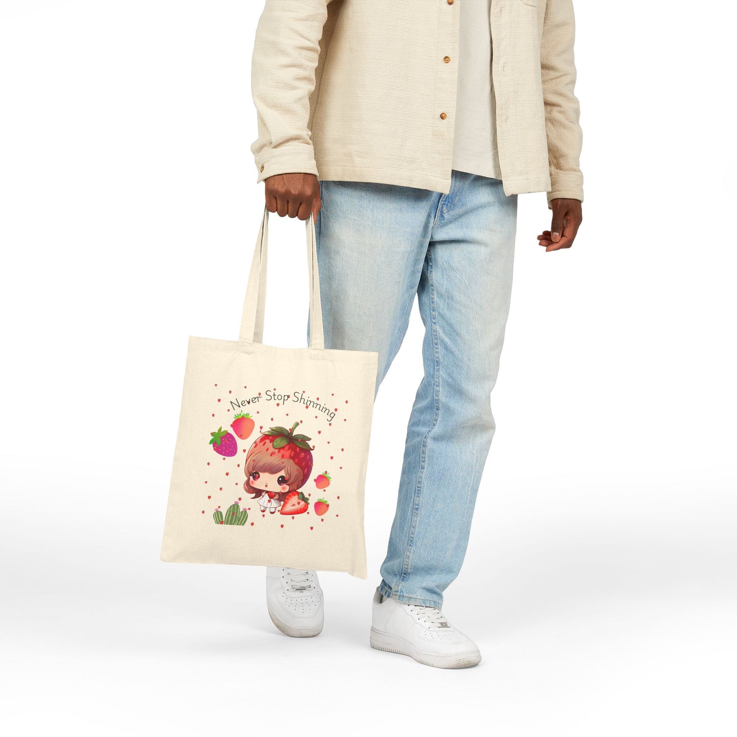 Whimsical Strawberry Tote Bag - 'Never Stop Shining'
