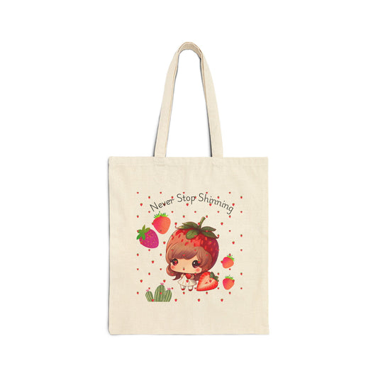 Whimsical Strawberry Tote Bag - 'Never Stop Shining'