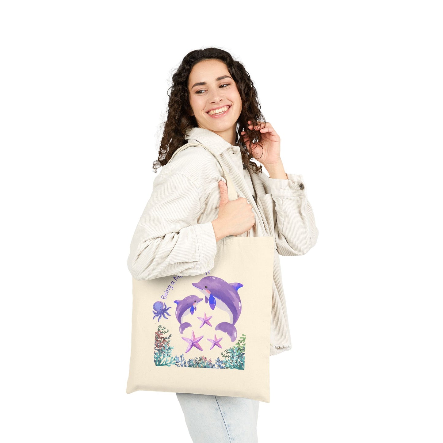Whimsical Dolphin Tote Bag - "Being a Mom is a Gift" - Eco-Friendly Canvas Bag for Beach, Grocery, and Everyday Use