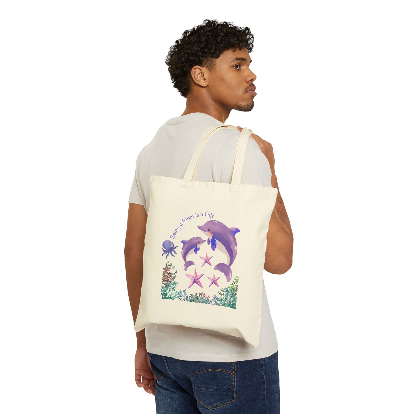 Whimsical Dolphin Tote Bag - "Being a Mom is a Gift" - Eco-Friendly Canvas Bag for Beach, Grocery, and Everyday Use