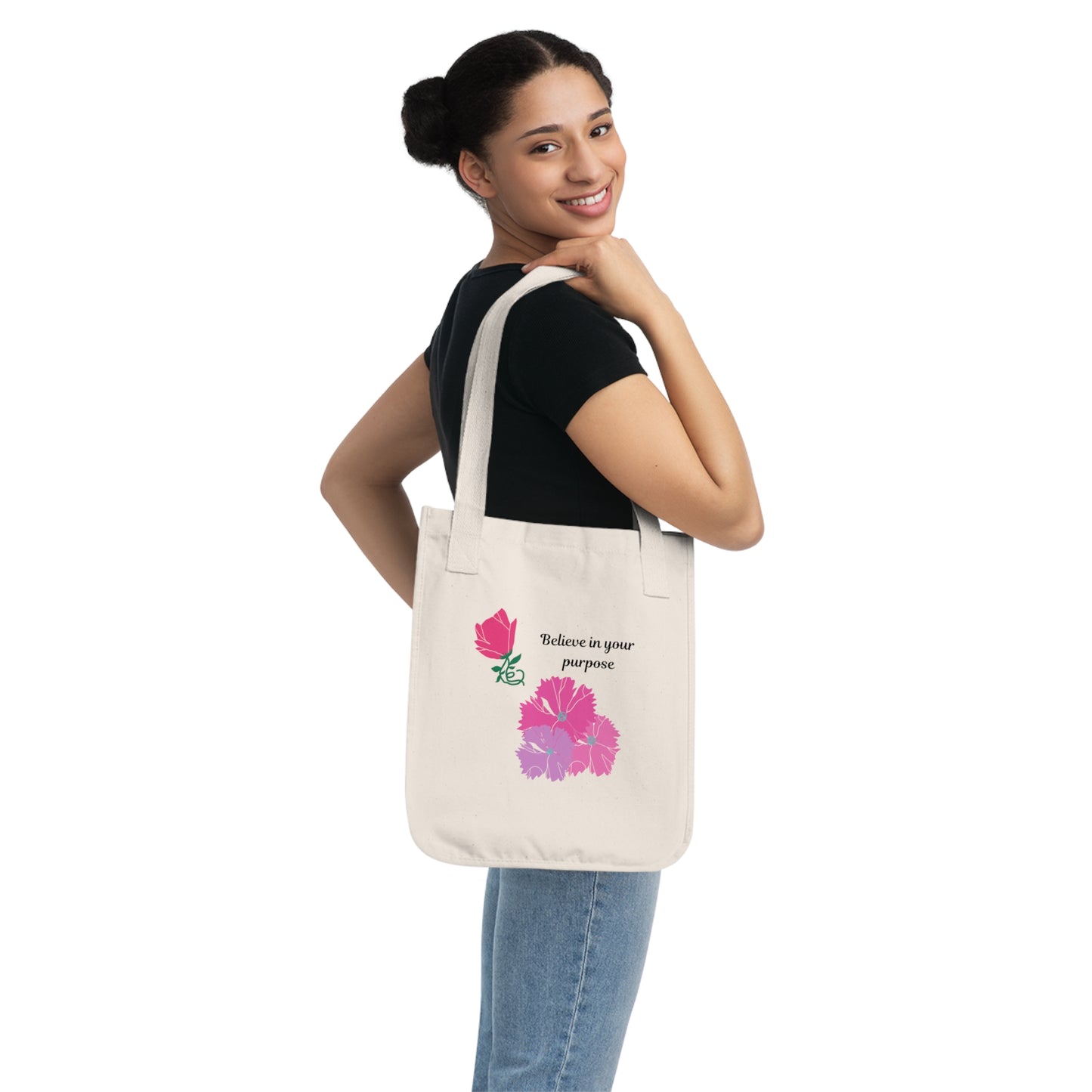 Organic Canvas Tote Bag - "Believe In Your Purpose" Floral Tote, Eco-Friendly Shopping Bag, Gift for Her, Reusable Grocery Bag, [...]