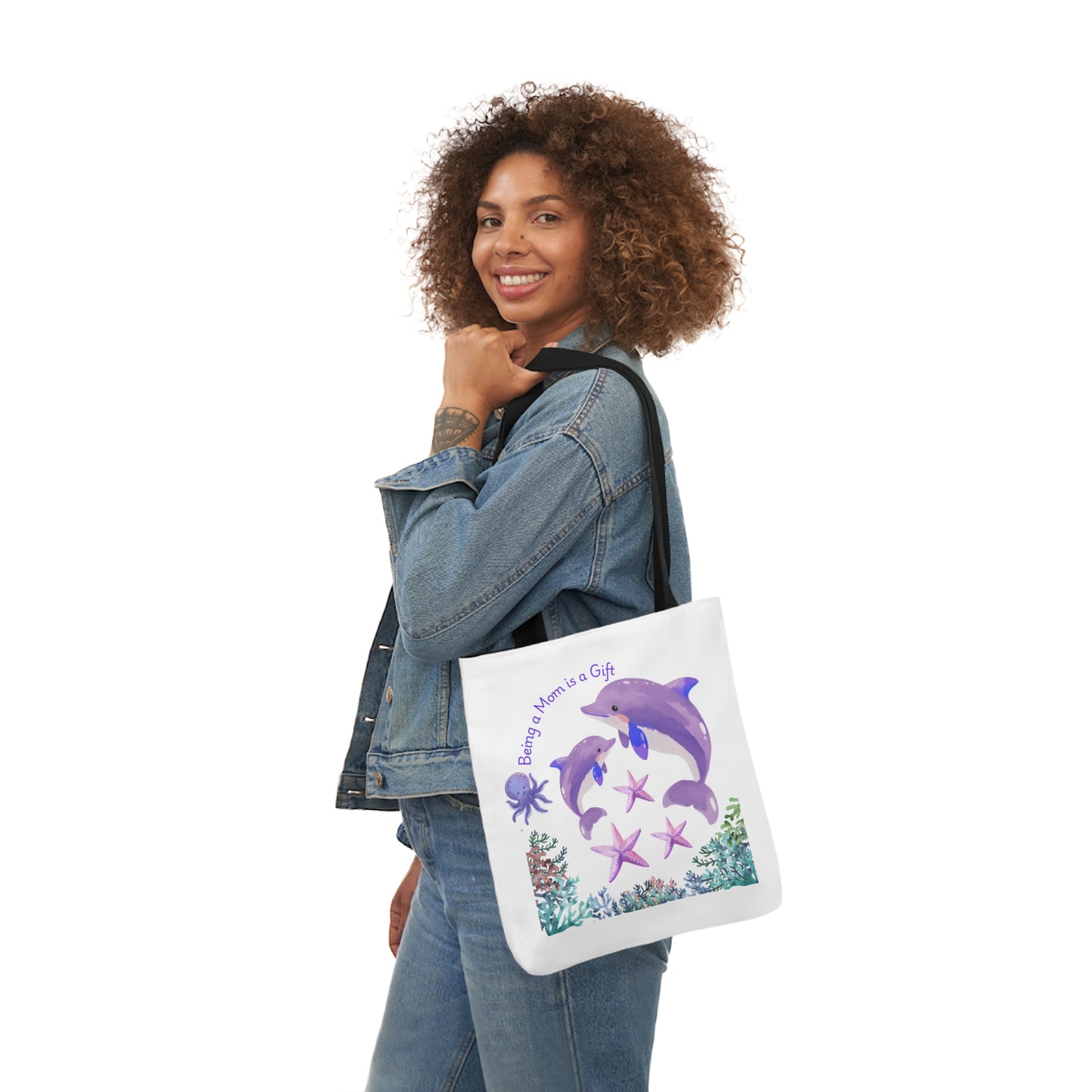 Ocean-Inspired Canvas Tote Bag - "Being Mom is a Gift" Design with 5-Color Straps