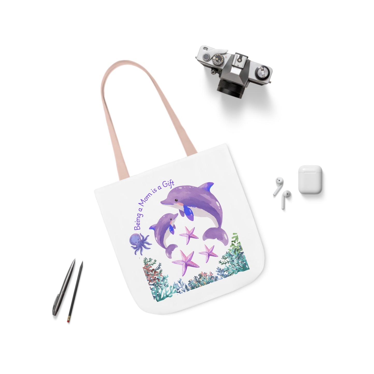 Ocean-Inspired Canvas Tote Bag - "Being Mom is a Gift" Design with 5-Color Straps