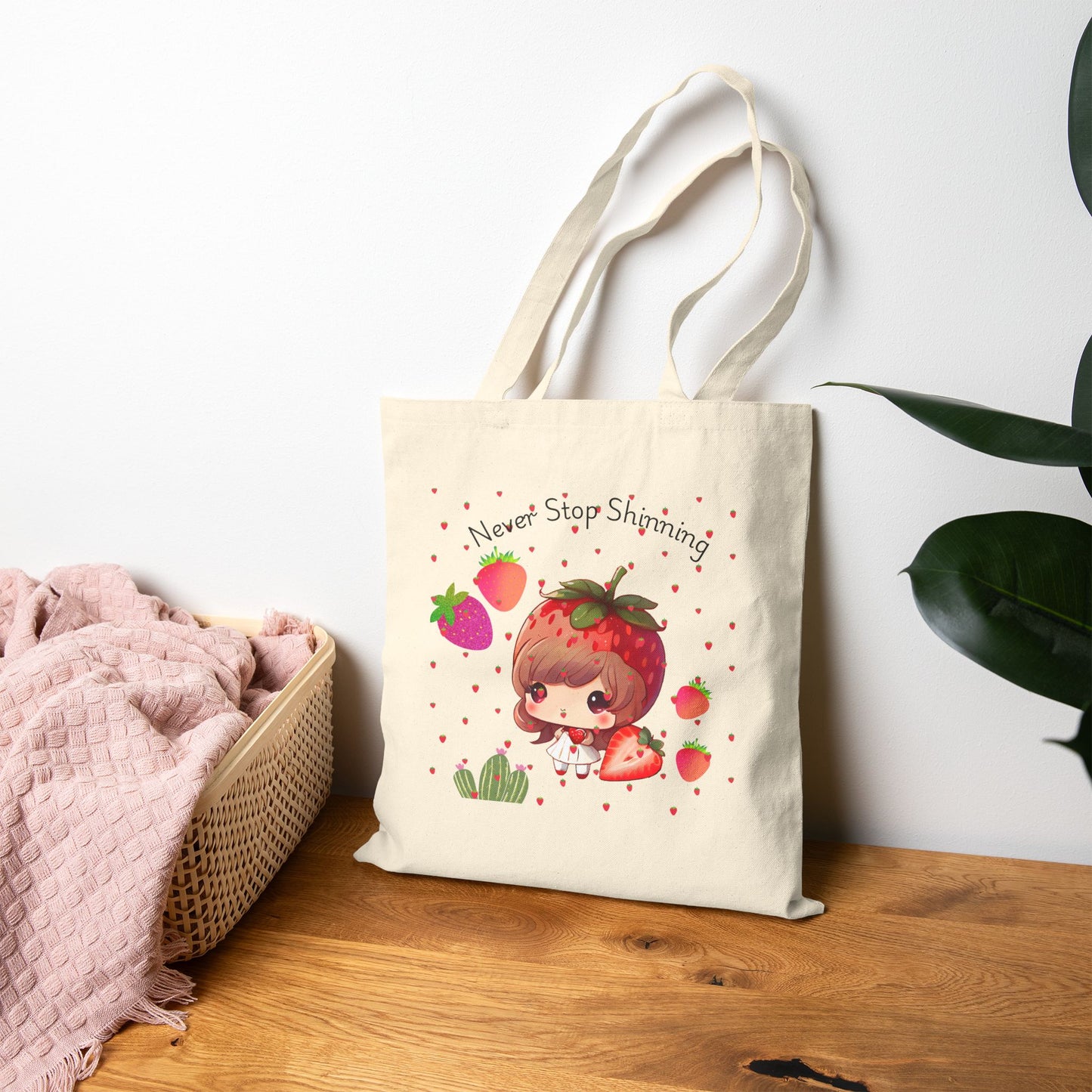 Whimsical Strawberry Tote Bag - 'Never Stop Shining'