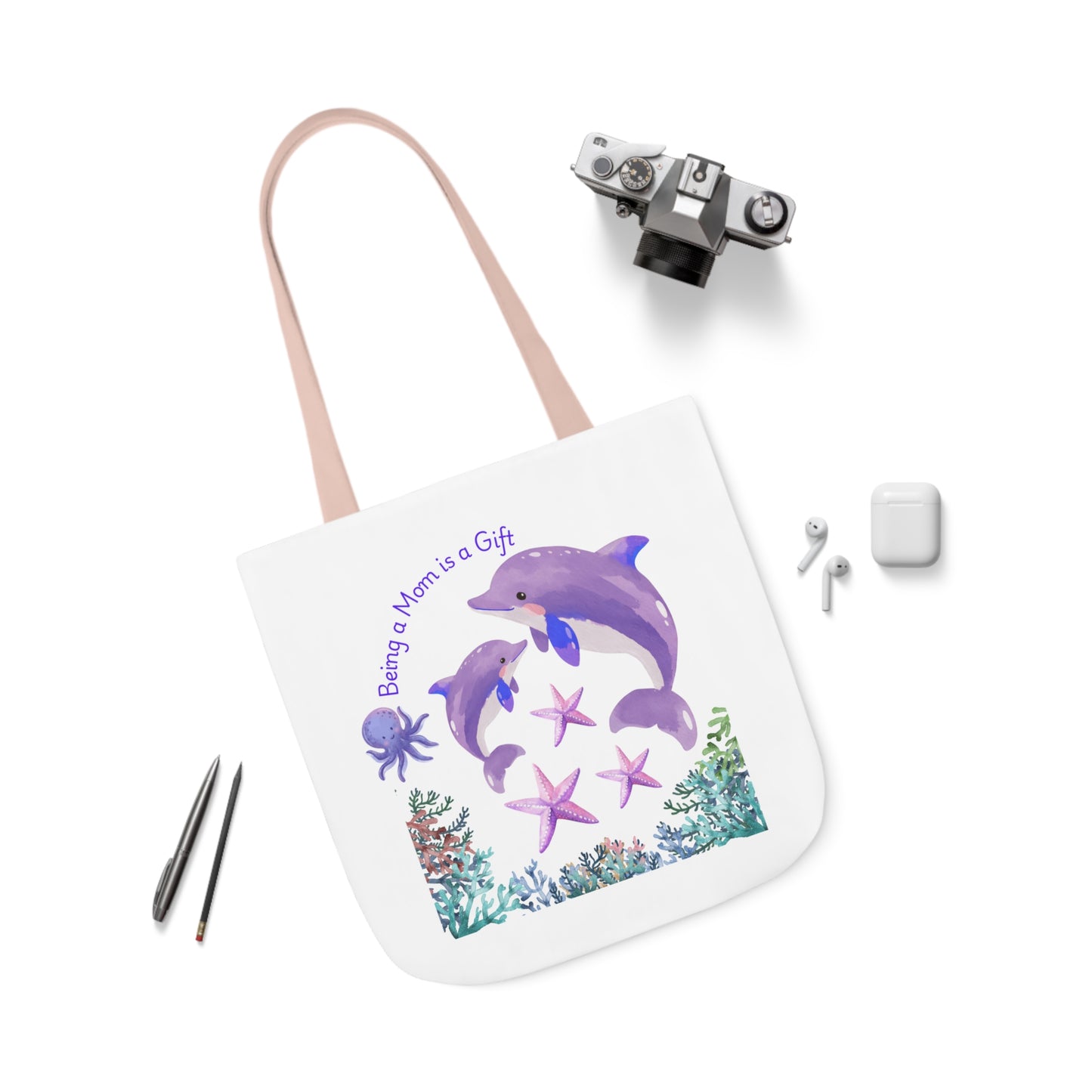 Ocean-Inspired Canvas Tote Bag - "Being Mom is a Gift" Design with 5-Color Straps