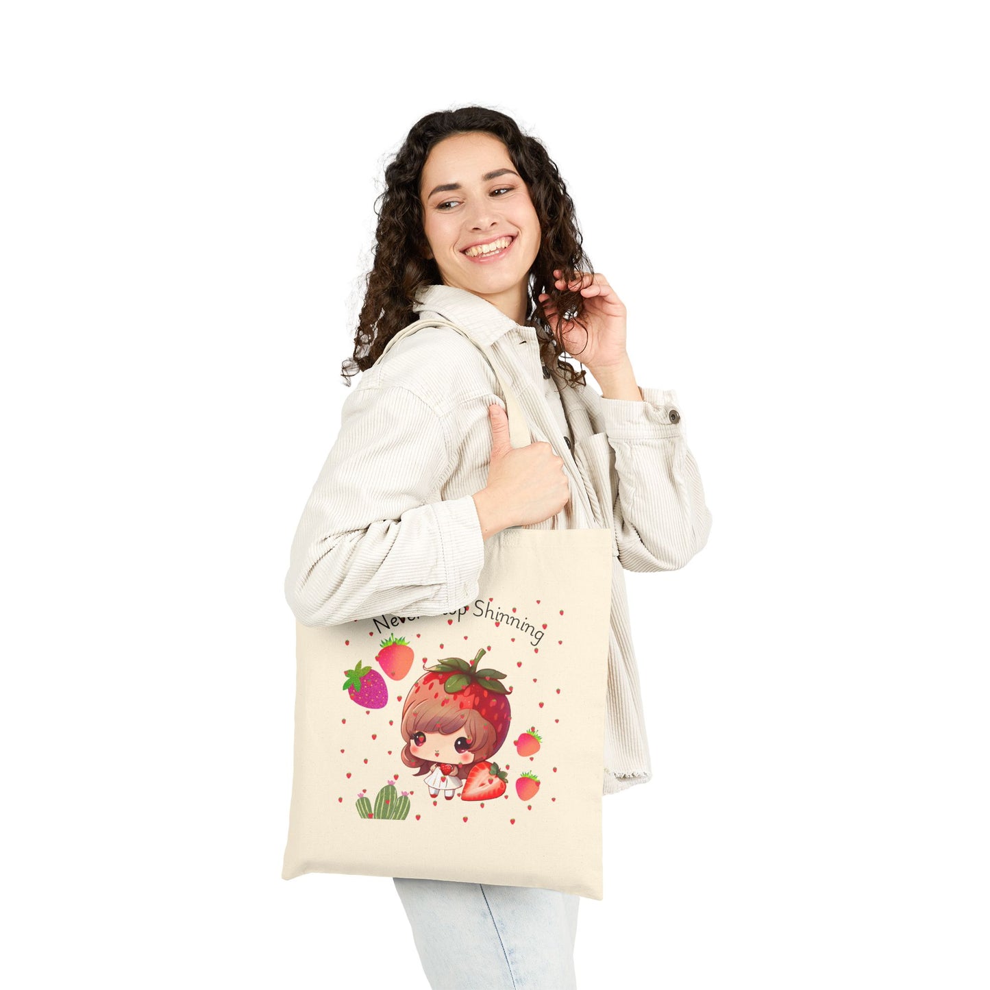 Whimsical Strawberry Tote Bag - 'Never Stop Shining'