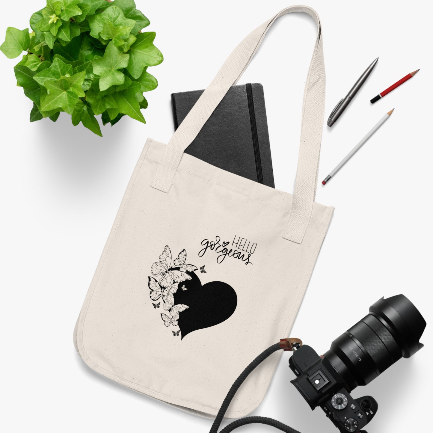 Hello Gorgeous Organic Canvas Tote Bag, Eco-Friendly Shopping Tote, Floral Design Bag, Gift for Her, Everyday Use, Reusable Grocery Bag
