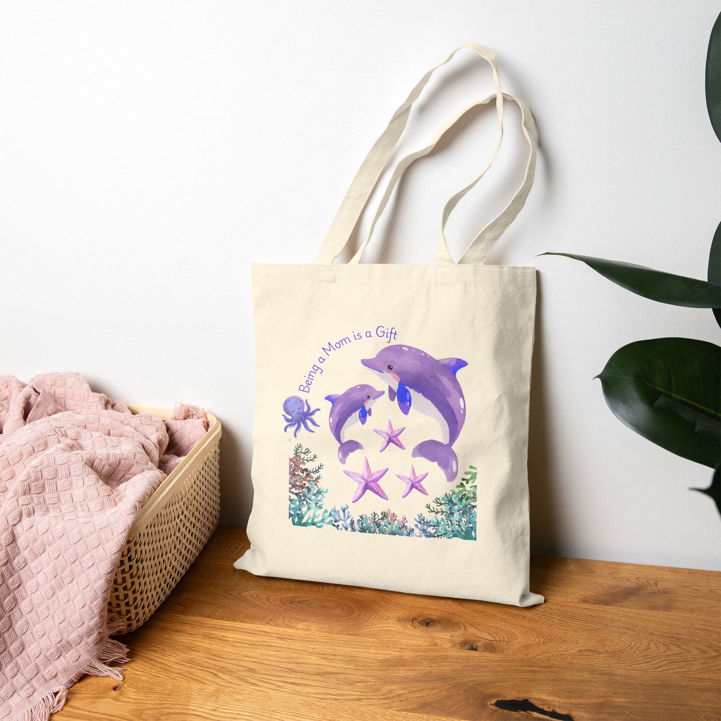 Whimsical Dolphin Tote Bag - "Being a Mom is a Gift" - Eco-Friendly Canvas Bag for Beach, Grocery, and Everyday Use