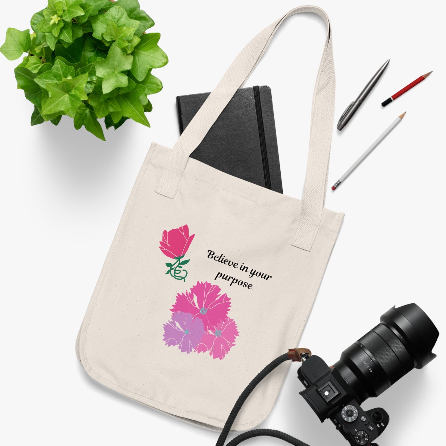 Organic Canvas Tote Bag - "Believe In Your Purpose" Floral Tote, Eco-Friendly Shopping Bag, Gift for Her, Reusable Grocery Bag, [...]