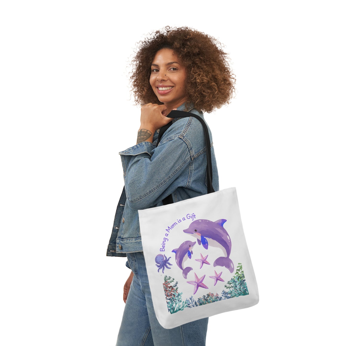 Ocean-Inspired Canvas Tote Bag - "Being Mom is a Gift" Design with 5-Color Straps