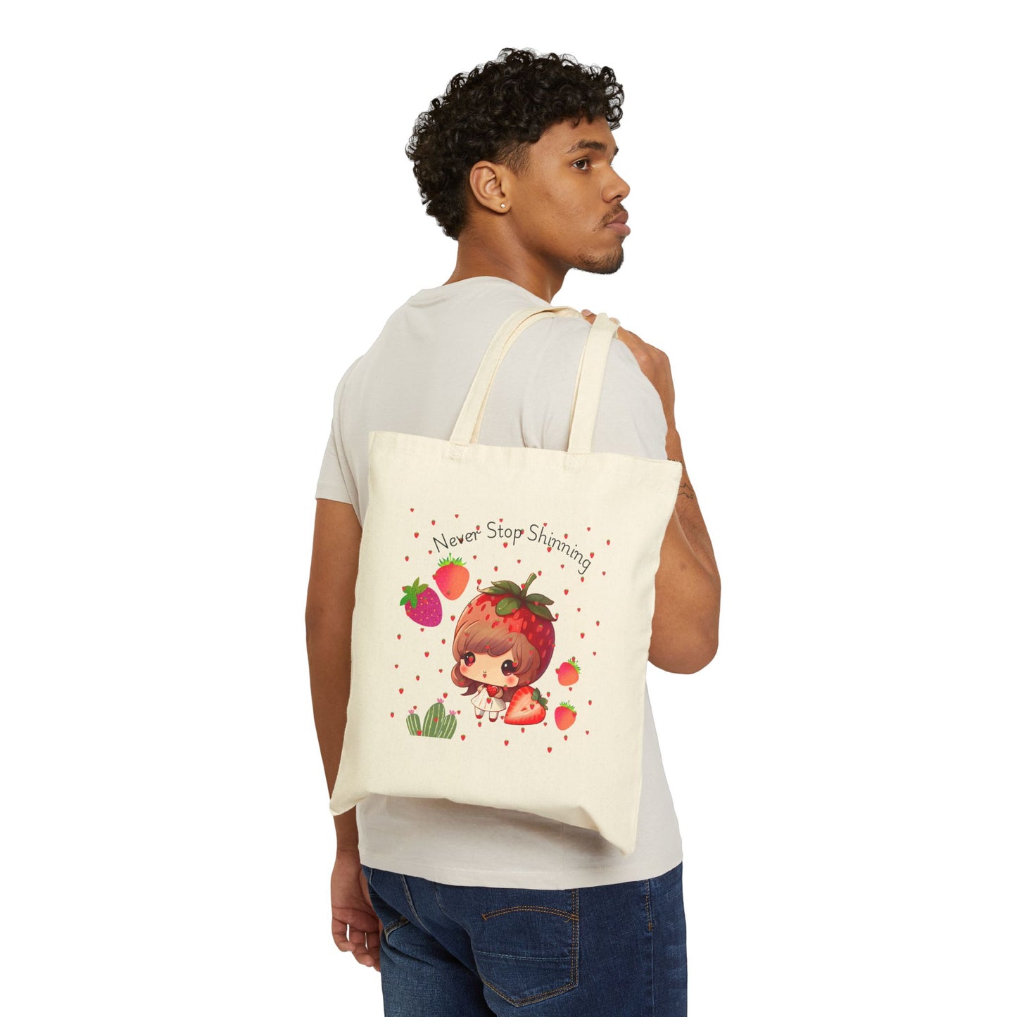 Whimsical Strawberry Tote Bag - 'Never Stop Shining'