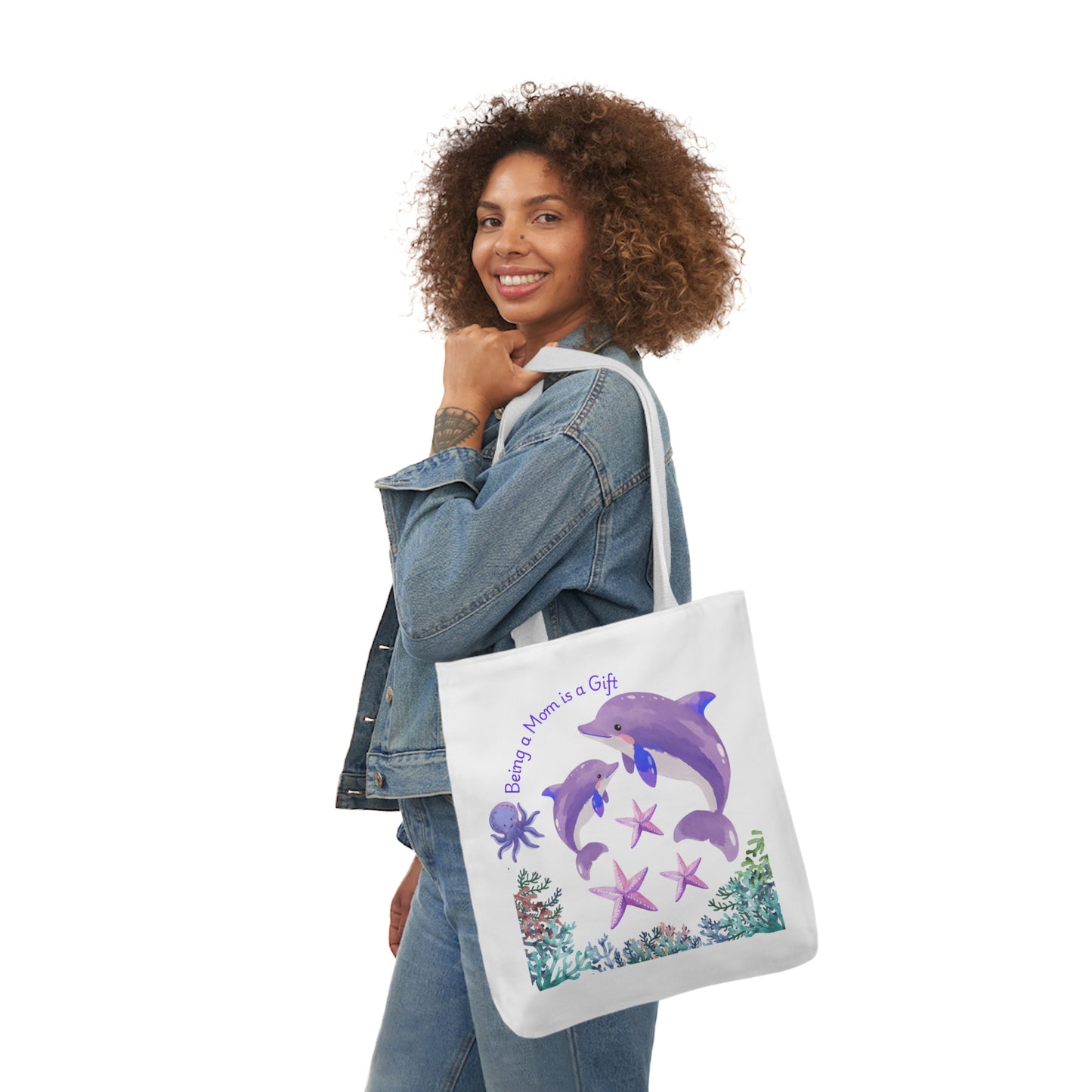 Ocean-Inspired Canvas Tote Bag - "Being Mom is a Gift" Design with 5-Color Straps